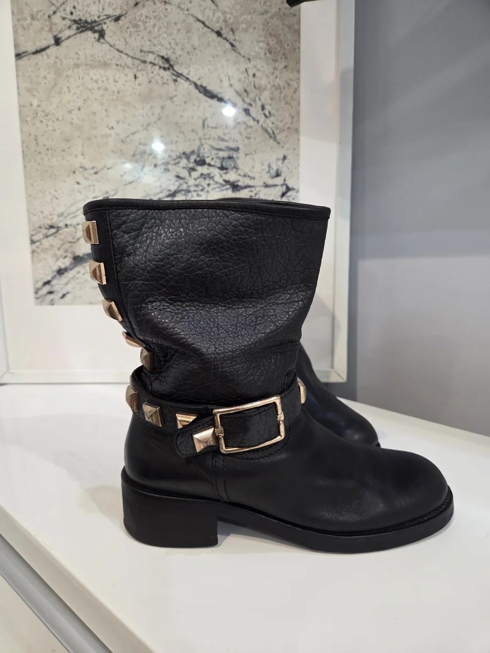 Medea Black Studded Genuine Leather Mid-Calf Boots Sz 38